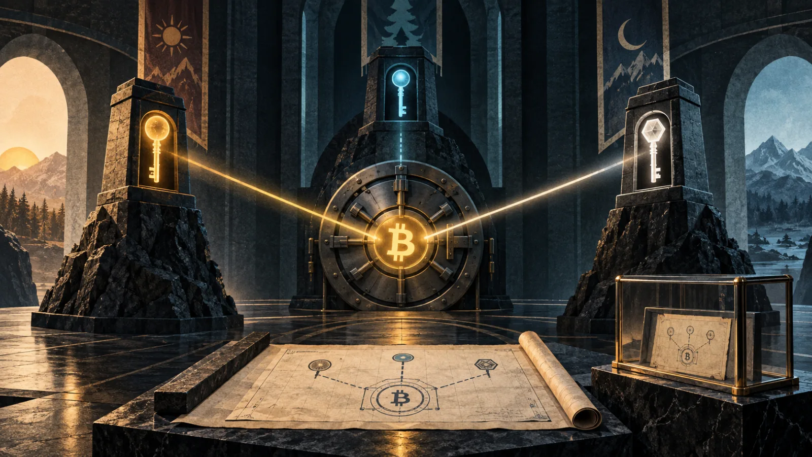 Two of three independent key beams open a Bitcoin vault while a recovery map links them.