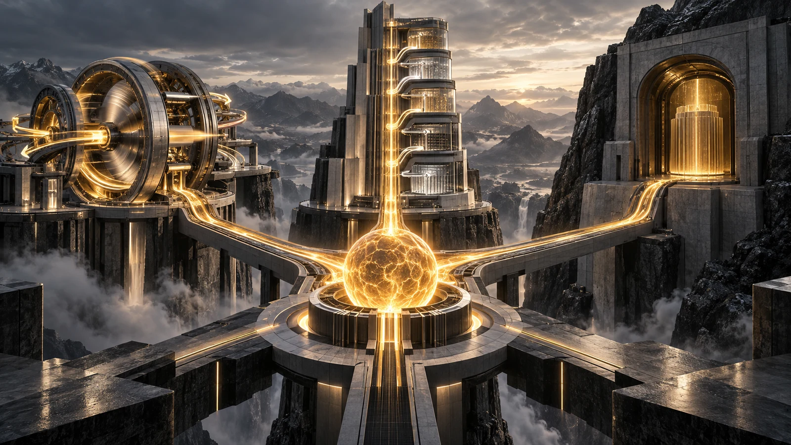 One Bitcoin current divides between a trading engine, a layered corporate tower and a patient central-bank vault.