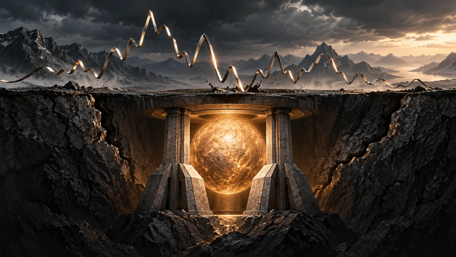 A violent market path moves above the durable foundations of a glowing monetary core.
