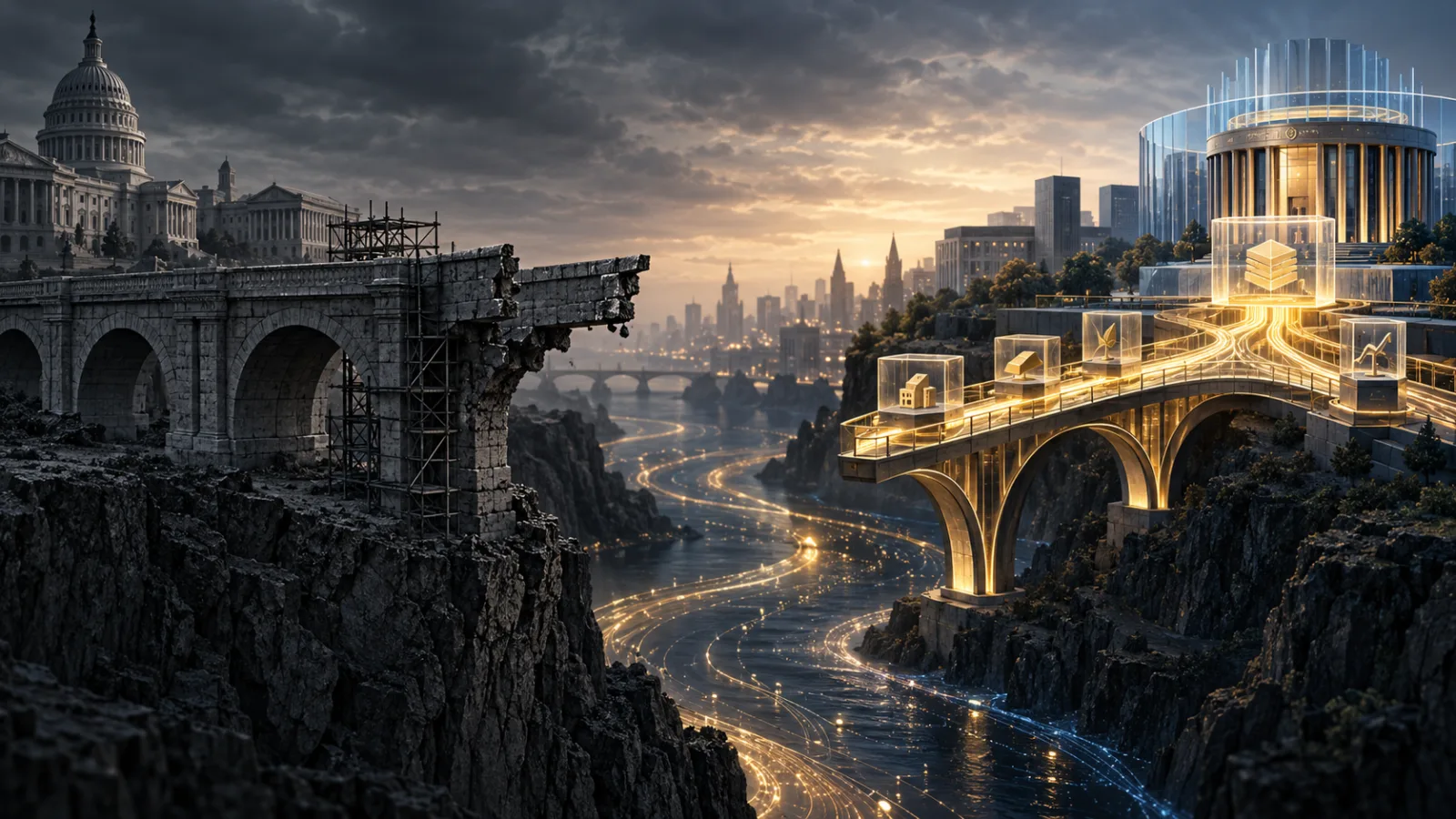 An unfinished civic bridge faces a working settlement bridge carrying tokenised assets.