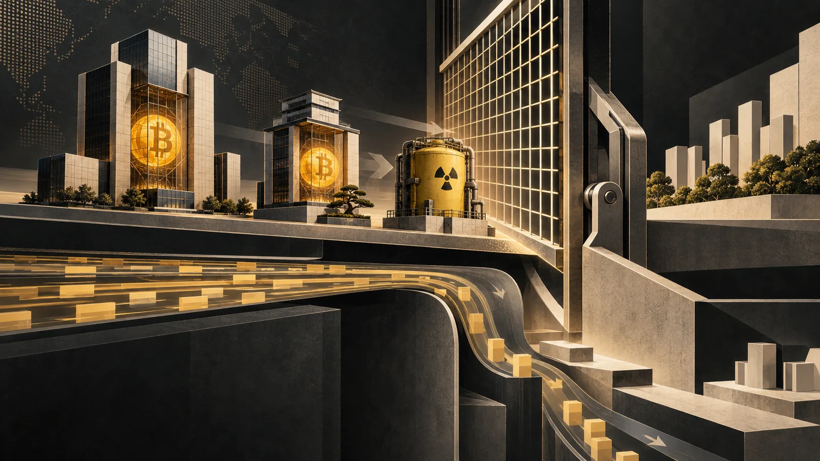 An equity-index gate redirects passive capital away from Bitcoin treasury towers and a uranium reserve vessel.