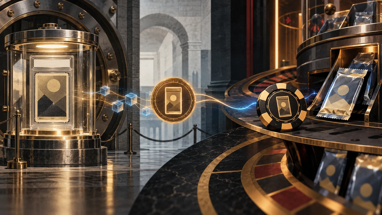 A vaulted collectible card becomes a digital claim and then a casino-like chip beside a randomized pack machine.