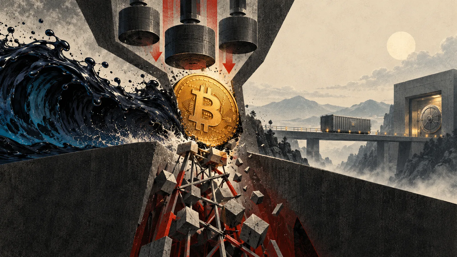 Bitcoin is squeezed between an oil wave, descending rate weights and a collapsing leveraged scaffold while a custody transfer moves in the background.