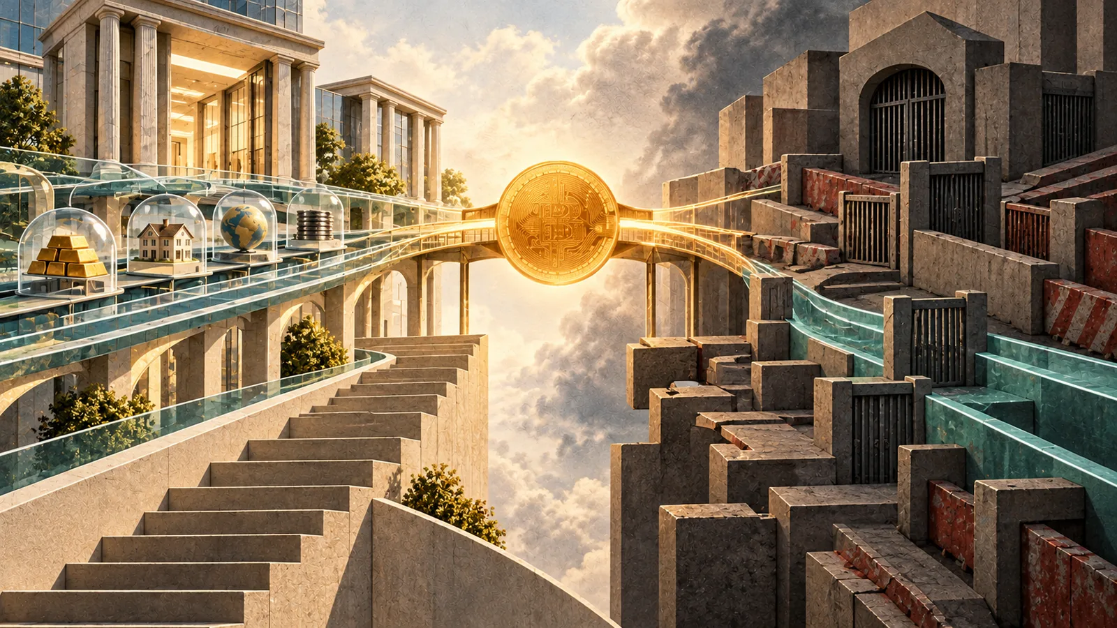 A Bitcoin bridge connects an open financial system to a constrained maze while a separate stable-value rail runs alongside it.