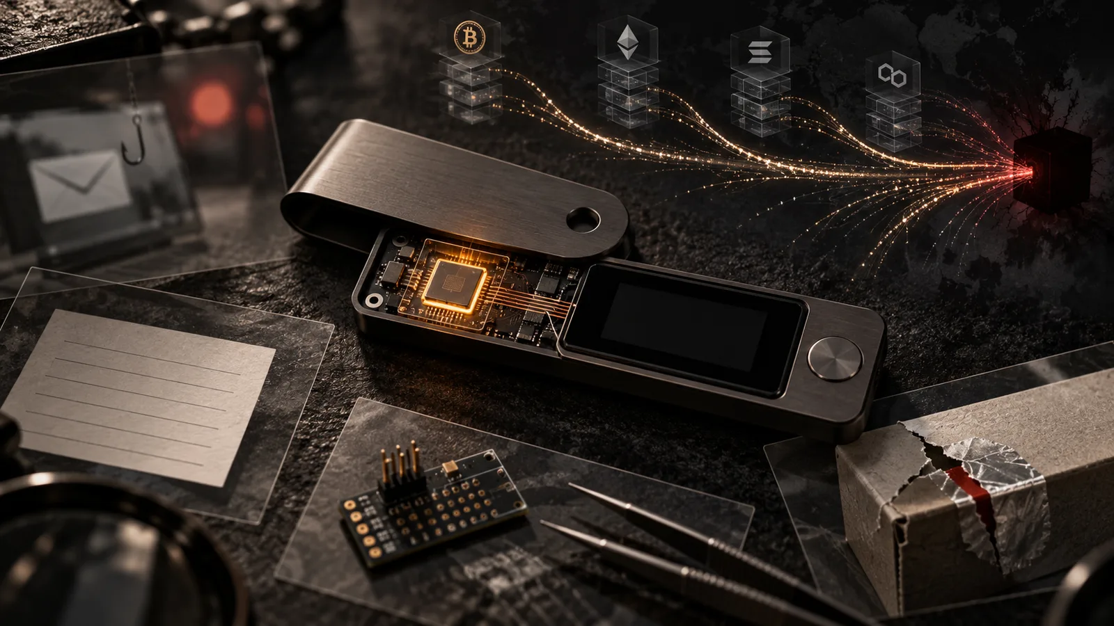 A genuine hardware-wallet security core sits inside a forensic investigation of several still-unproven compromise paths.