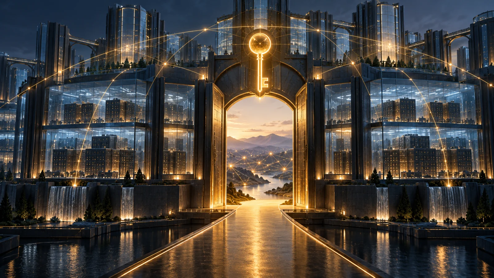 A golden cryptographic key holds open an exit from a vast glass custody system toward an independent peer-to-peer network.