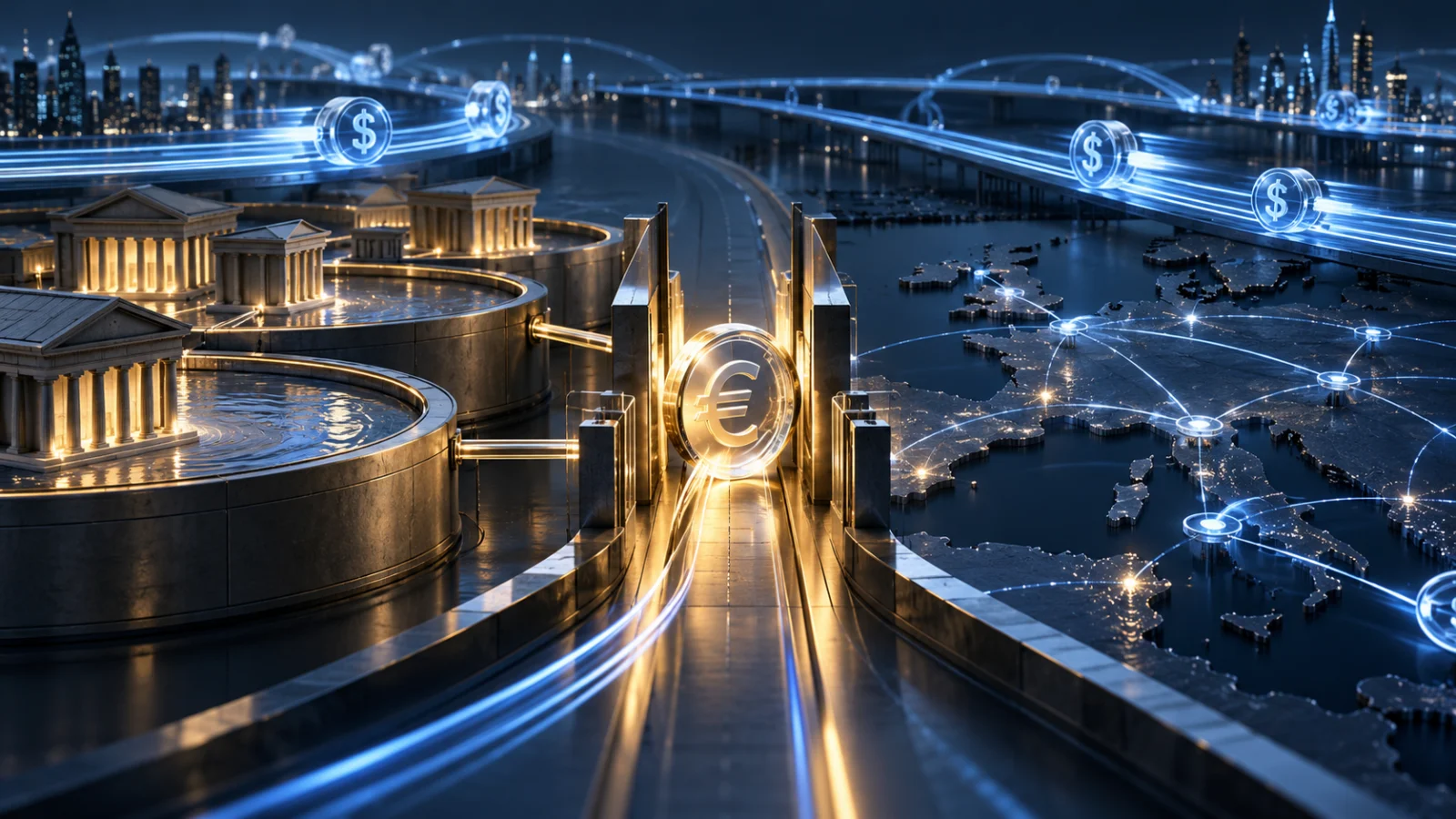 A digital euro passes through a narrow gateway between bank reserves and a European payment network while dollar rails flow around it.