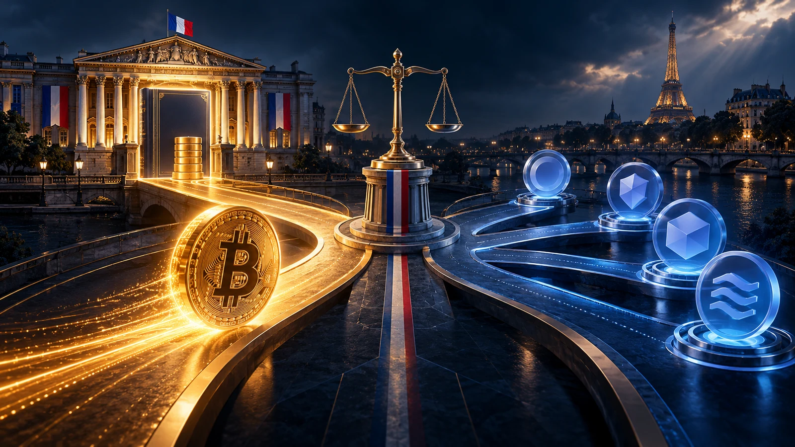 A glowing Bitcoin approaches a French regulatory crossroads between a tax ledger and several categories of stable-value digital tokens.