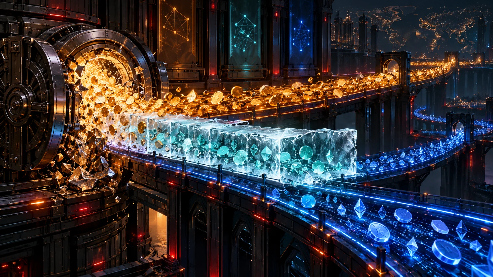 Three multichain asset streams leave a breached institutional vault, with one stablecoin stream frozen in ice while native assets continue moving.